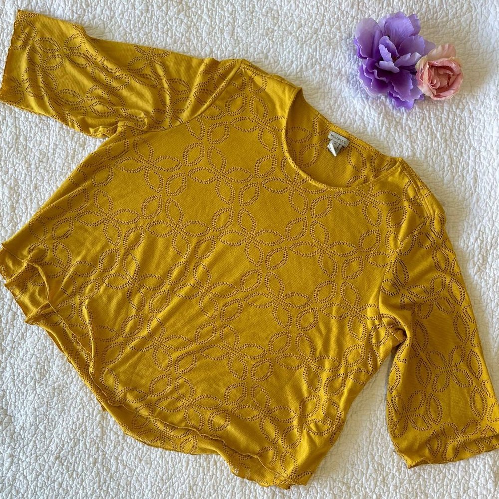 Multiples Women's Mustard Yellow Eyelet 3/4 Sleeve Shirt Top Blouse- EUC- 3XL